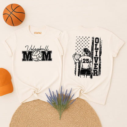 Personalized Volleyball Mom Shirt Player Oliver 25 American Flag Design Game Day Sports Apparel Black White Team Fan Outfit Gift