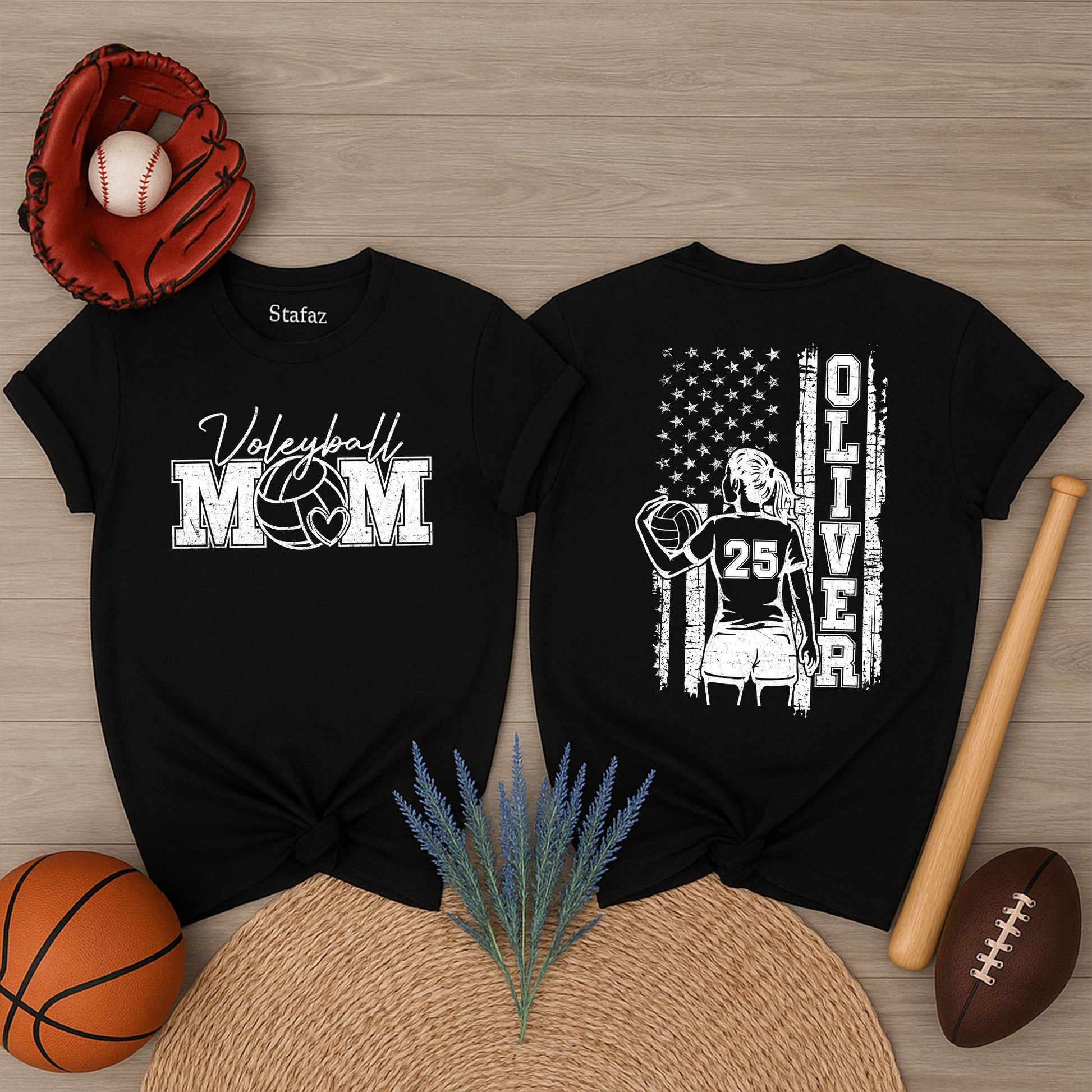 Personalized Volleyball Mom Shirt Player Oliver 25 American Flag Design Game Day Sports Apparel Black White Team Fan Outfit Gift