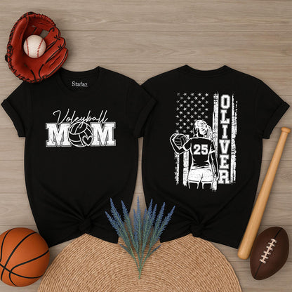 Personalized Volleyball Mom Shirt Player Oliver 25 American Flag Design Game Day Sports Apparel Black White Team Fan Outfit Gift