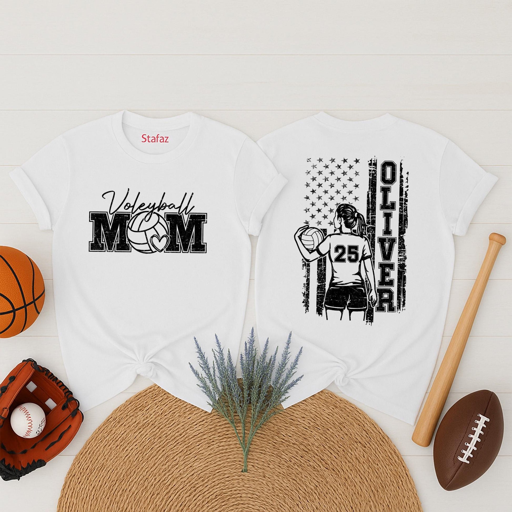 Personalized Volleyball Mom Shirt Player Oliver 25 American Flag Design Game Day Sports Apparel Black White Team Fan Outfit Gift
