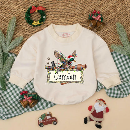 Personalized Christmas Mallard Duck Romper Hunting Baby Outfit with Name Santa Hat Festive Whimsical Rustic Holiday Clothes Gift