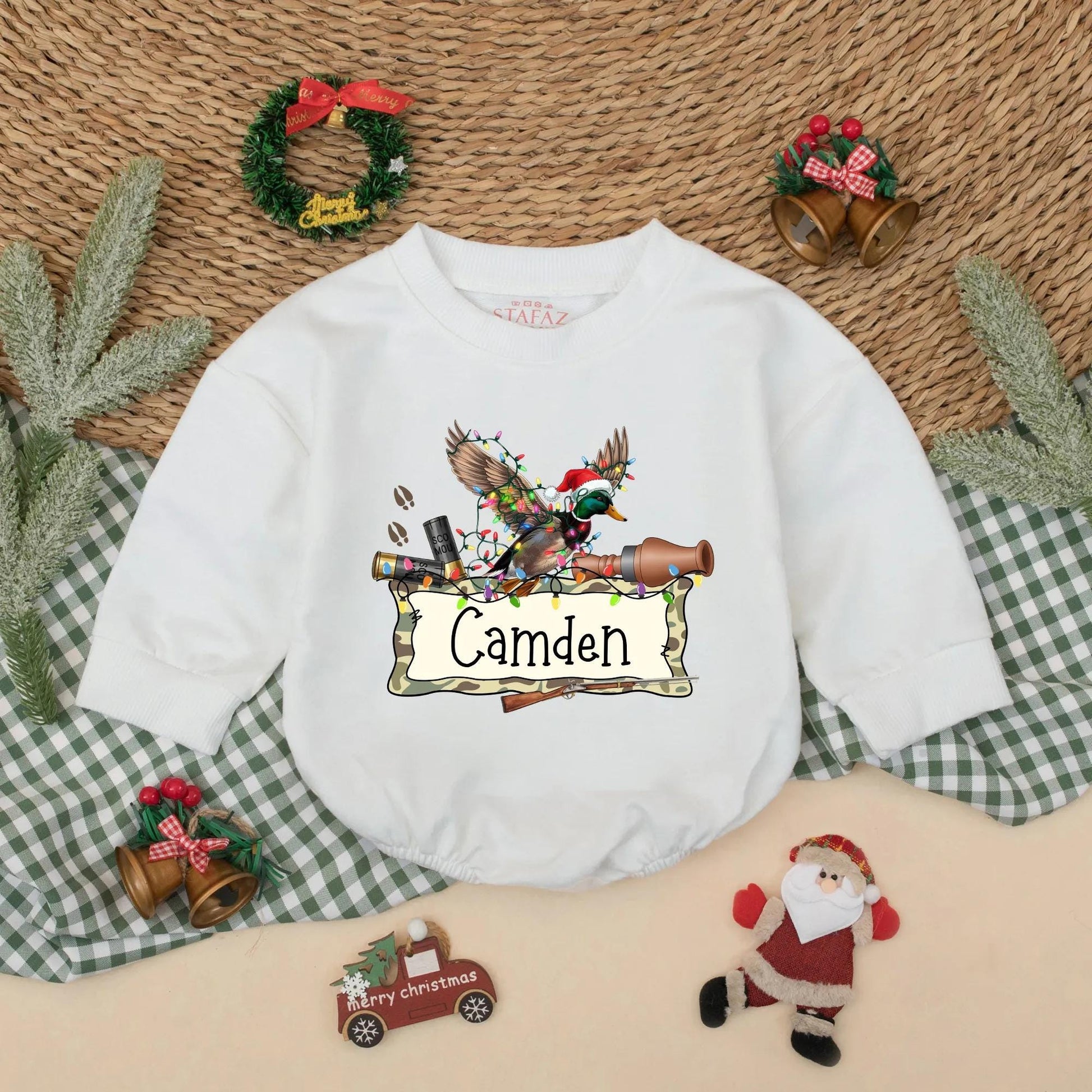 Personalized Christmas Mallard Duck Romper Hunting Baby Outfit with Name Santa Hat Festive Whimsical Rustic Holiday Clothes Gift