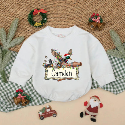 Personalized Christmas Mallard Duck Romper Hunting Baby Outfit with Name Santa Hat Festive Whimsical Rustic Holiday Clothes Gift
