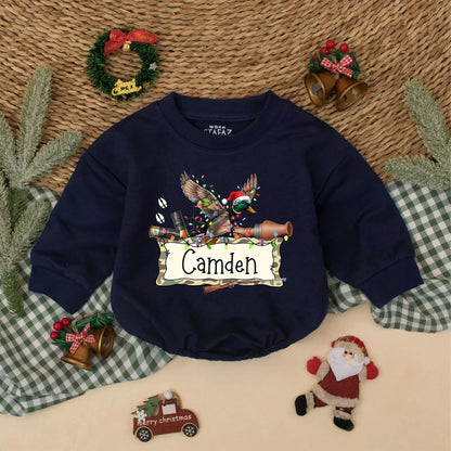 Personalized Christmas Mallard Duck Romper Hunting Baby Outfit with Name Santa Hat Festive Whimsical Rustic Holiday Clothes Gift