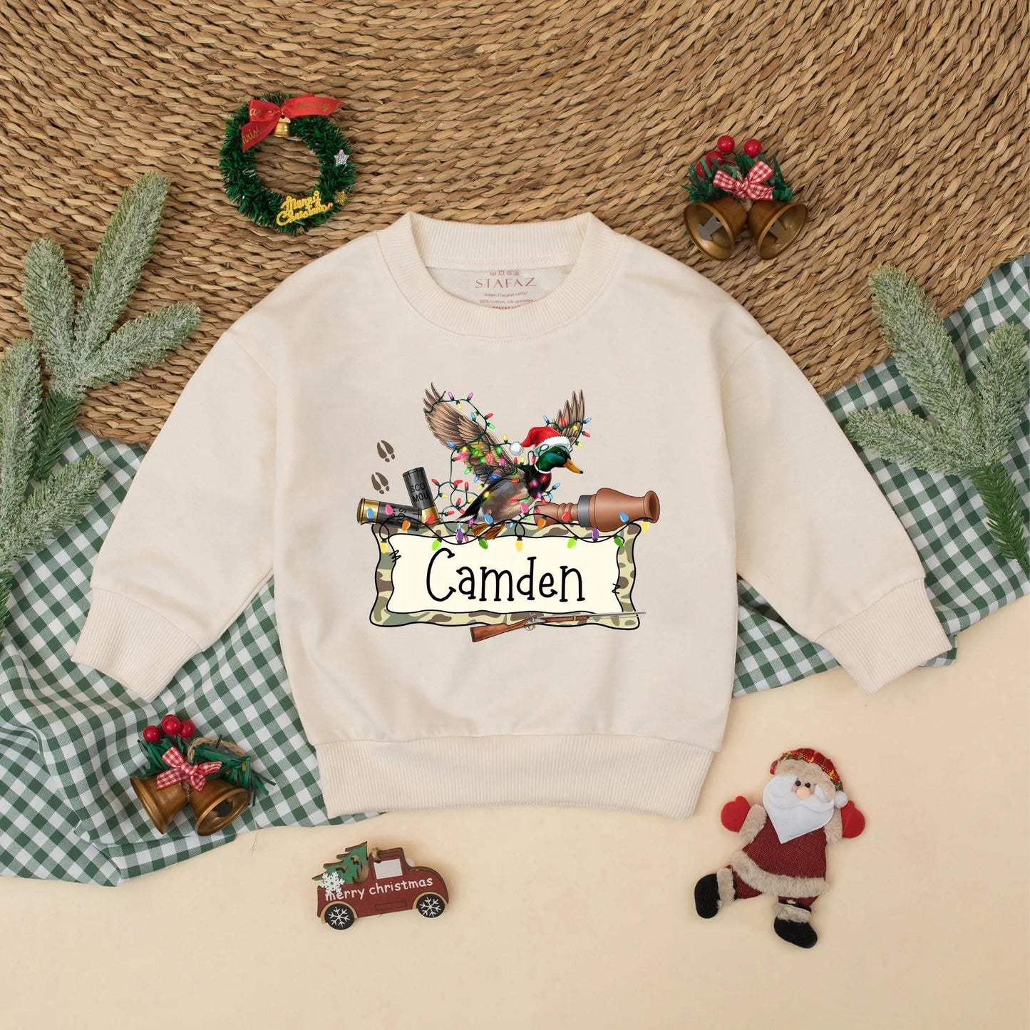 Personalized Christmas Mallard Duck Romper Hunting Baby Outfit with Name Santa Hat Festive Whimsical Rustic Holiday Clothes Gift