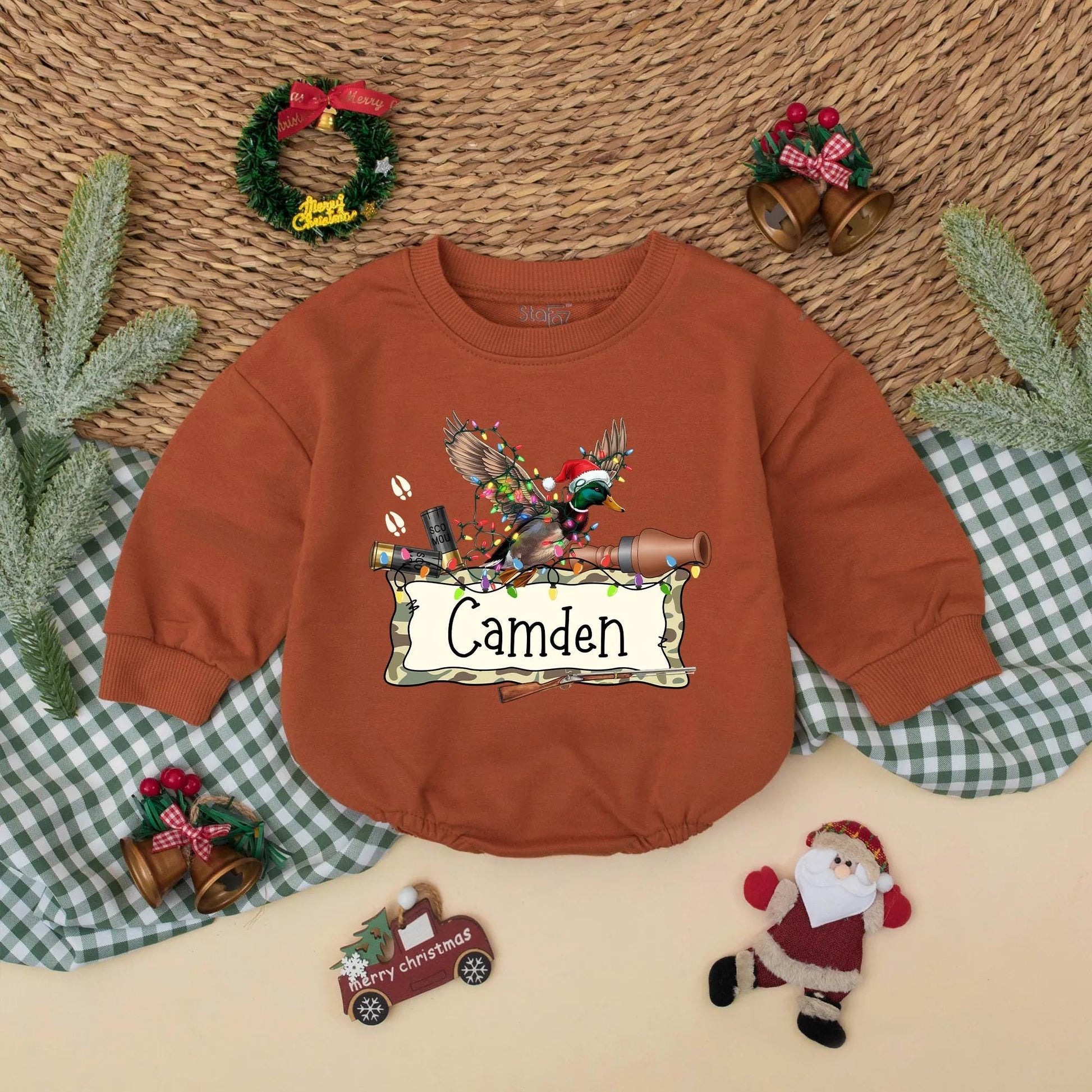 Personalized Christmas Mallard Duck Romper Hunting Baby Outfit with Name Santa Hat Festive Whimsical Rustic Holiday Clothes Gift