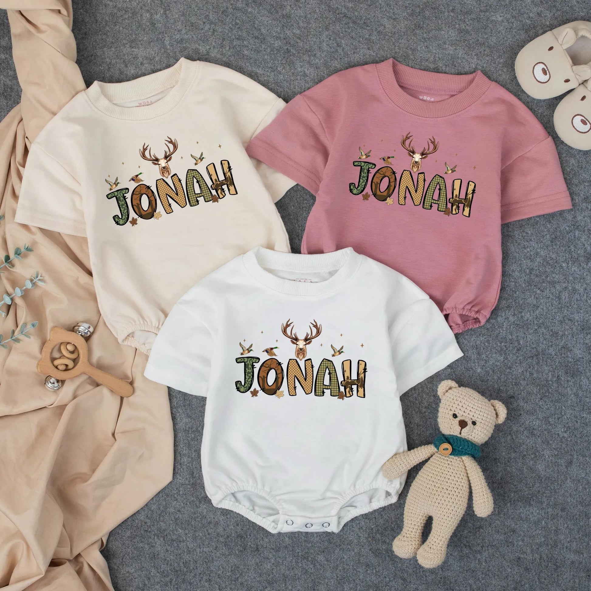 Personalized Hunting Bubble Romper for Boys, Rustic Deer & Mallard Duck Custom Name Design, Camo Plaid Wood Grain Southern Baby Gift