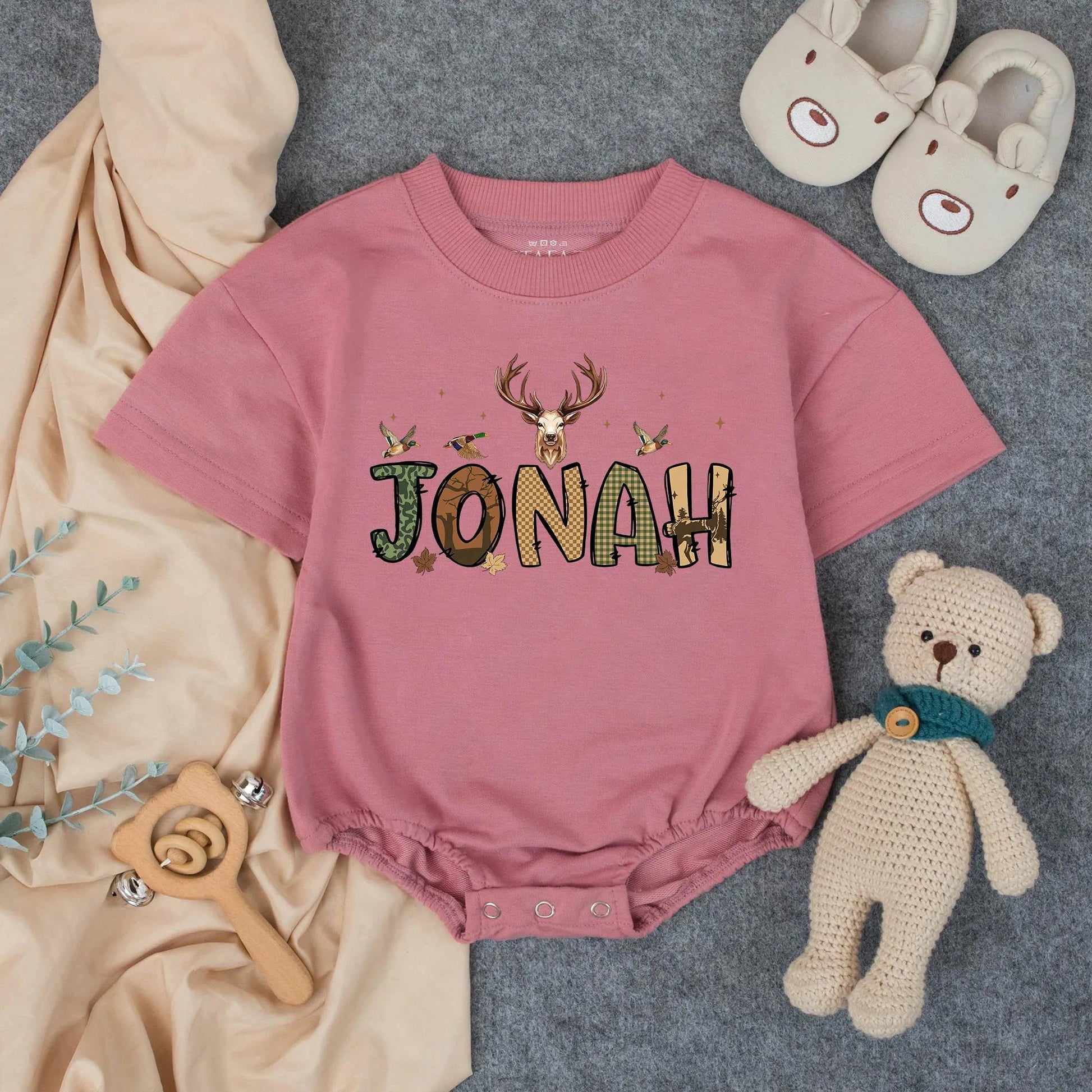 Personalized Hunting Bubble Romper for Boys, Rustic Deer & Mallard Duck Custom Name Design, Camo Plaid Wood Grain Southern Baby Gift