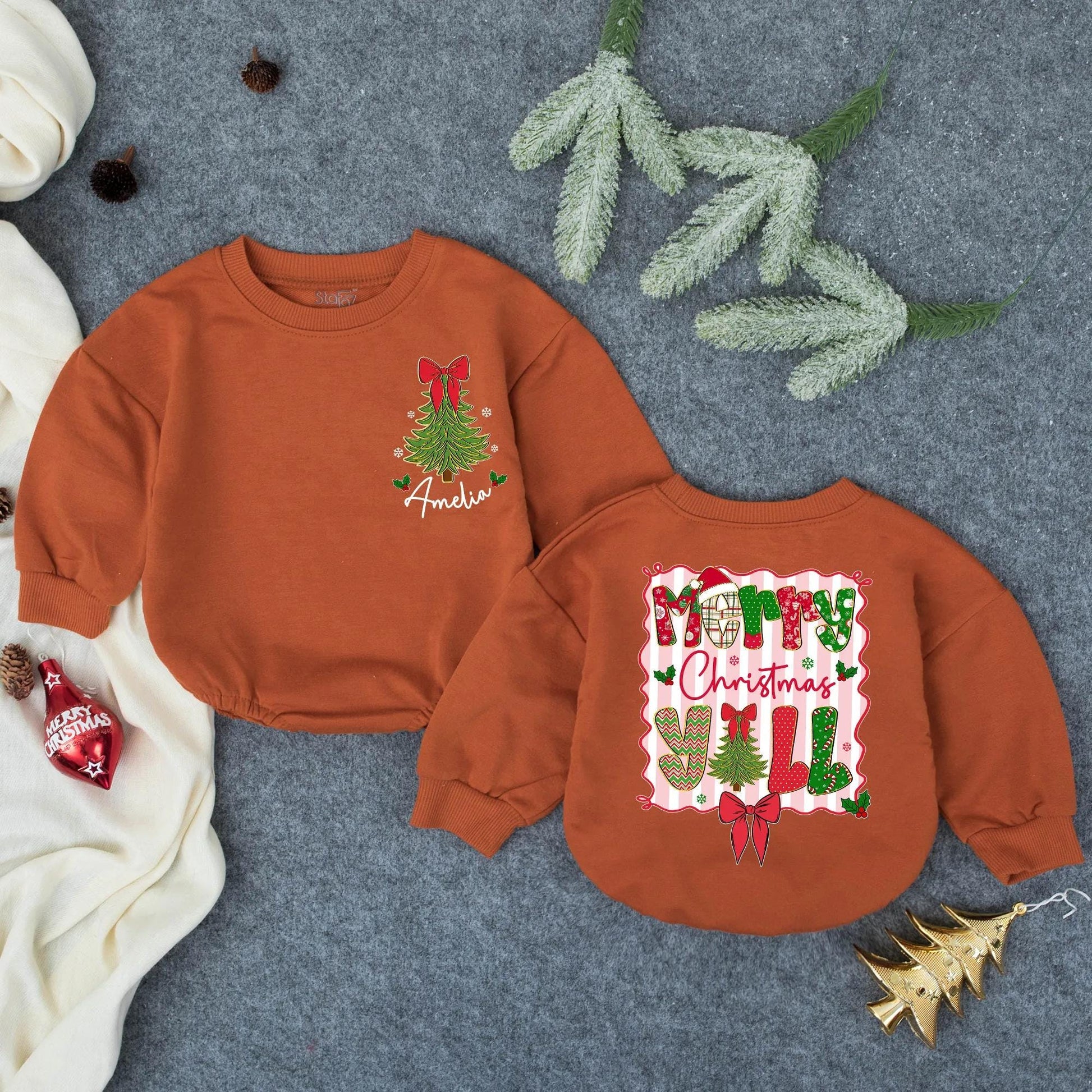 Personalized Merry Christmas Yall Bubble Romper Baby Girl Outfit Whimsical Tree Snowflakes Holly Pink Stripes Toddler Bodysuit Winter Holiday Gift