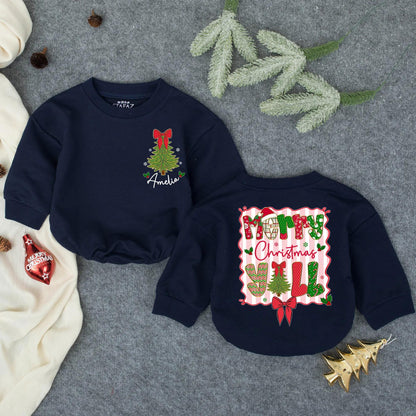 Personalized Merry Christmas Yall Bubble Romper Baby Girl Outfit Whimsical Tree Snowflakes Holly Pink Stripes Toddler Bodysuit Winter Holiday Gift