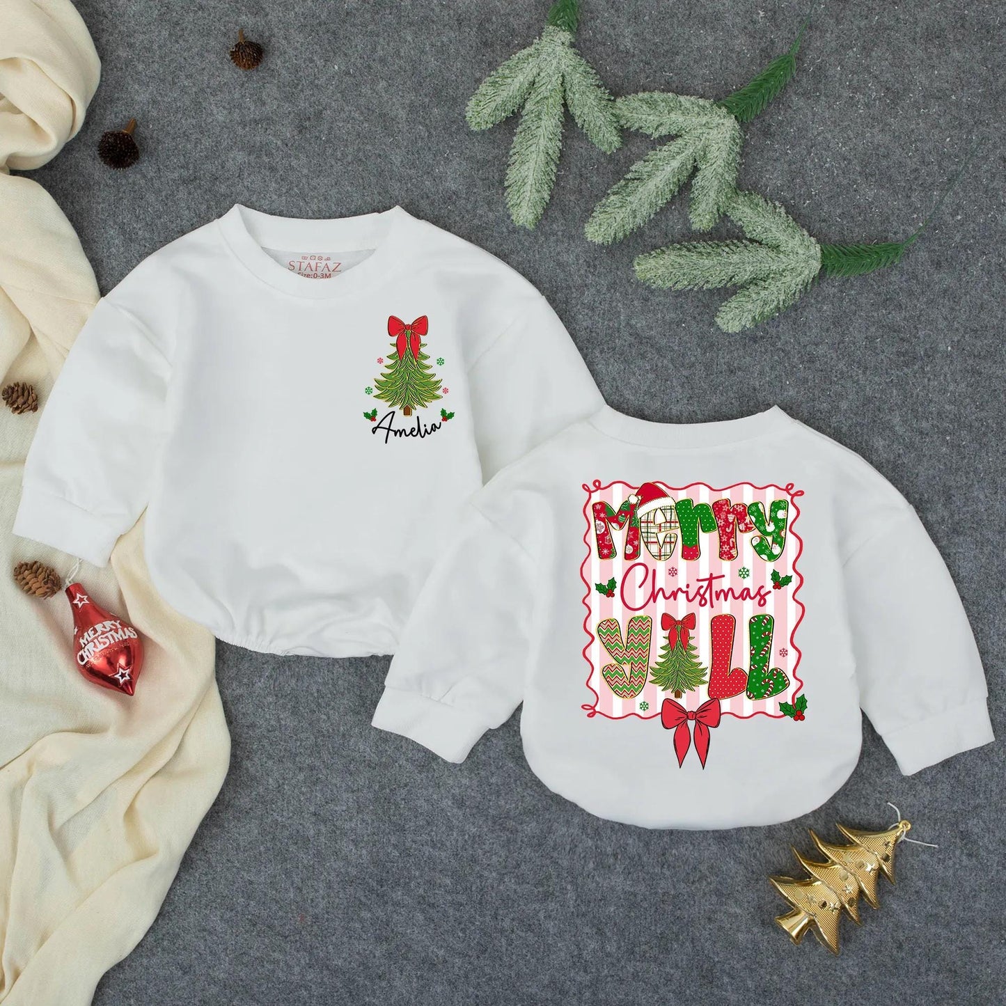 Personalized Merry Christmas Yall Bubble Romper Baby Girl Outfit Whimsical Tree Snowflakes Holly Pink Stripes Toddler Bodysuit Winter Holiday Gift