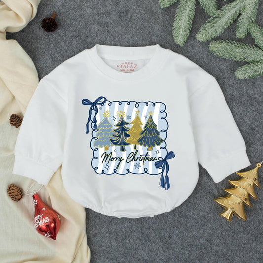 Merry Christmas Baby Bubble Romper Blue Gold Tree Whimsical First Holiday Infant Outfit Toddler Clothes Baby Shower Gift