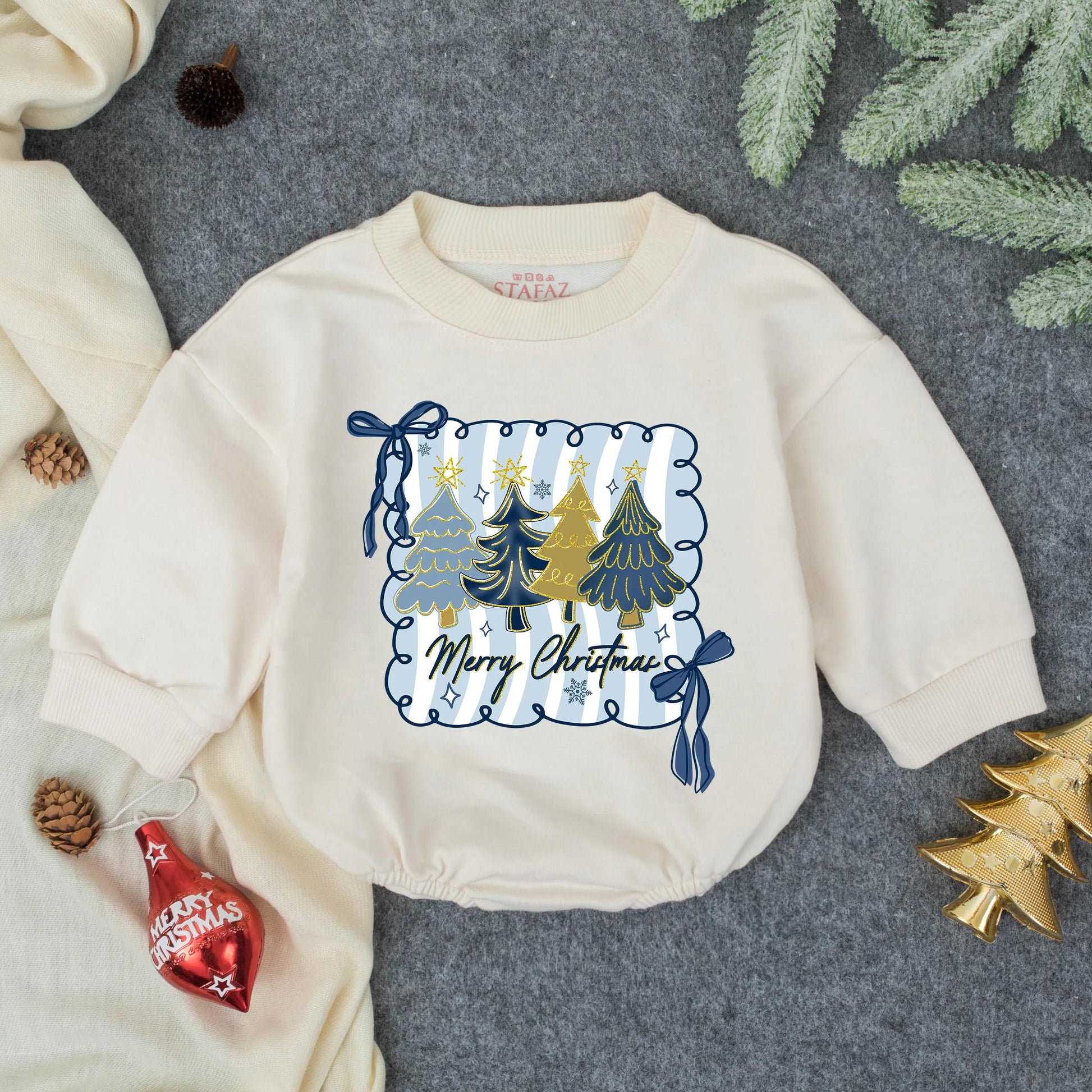 Merry Christmas Baby Bubble Romper Blue Gold Tree Whimsical First Holiday Infant Outfit Toddler Clothes Baby Shower Gift