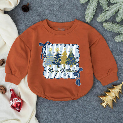 Merry Christmas Baby Bubble Romper Blue Gold Tree Whimsical First Holiday Infant Outfit Toddler Clothes Baby Shower Gift