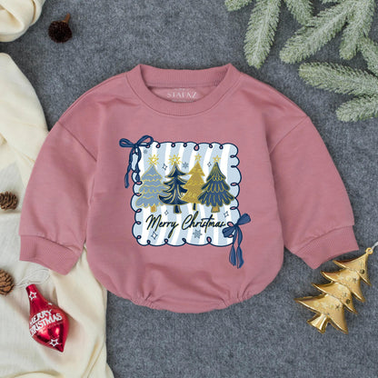 Merry Christmas Baby Bubble Romper Blue Gold Tree Whimsical First Holiday Infant Outfit Toddler Clothes Baby Shower Gift