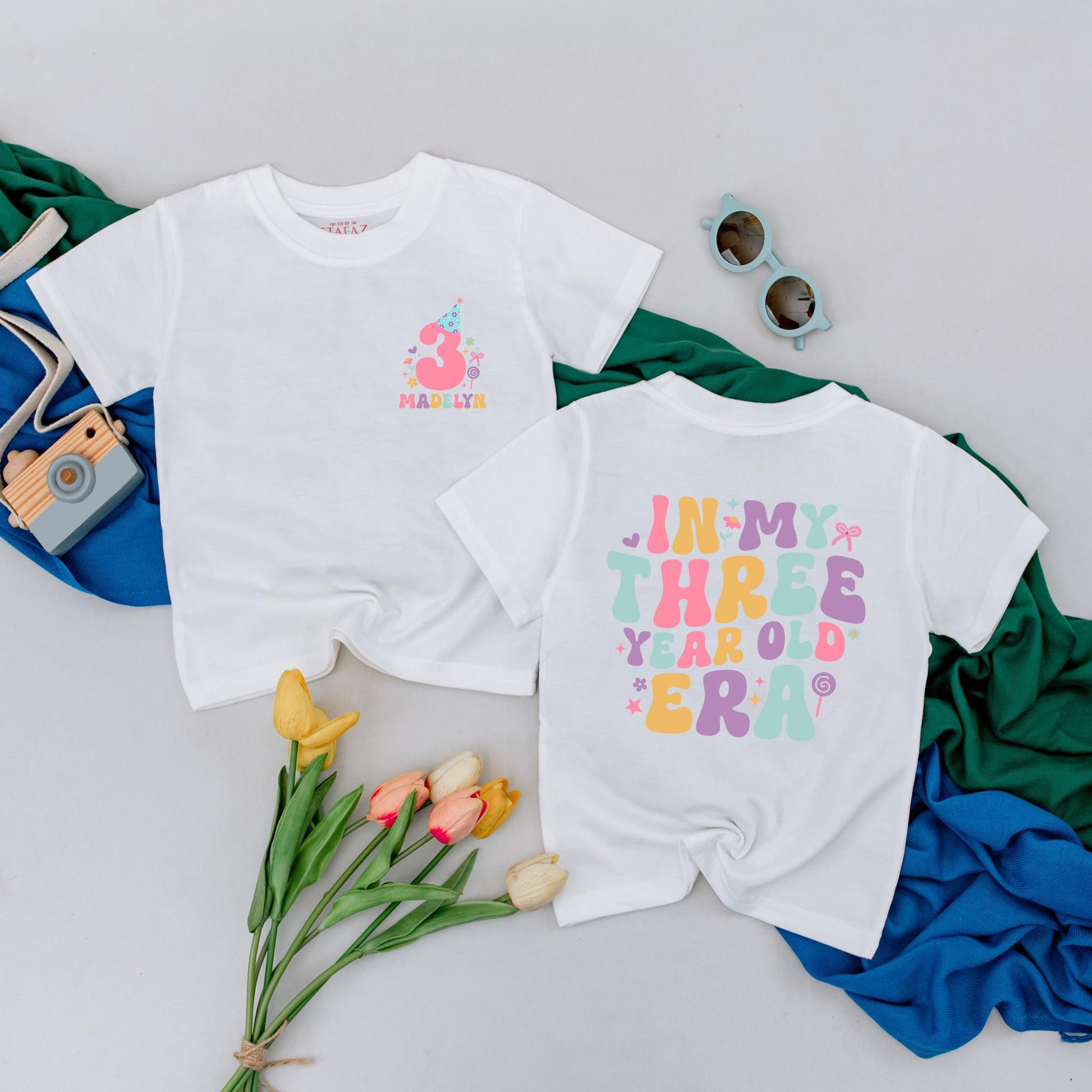 Personalized In My Three Year Old Era T-Shirt Retro Party Hat Madelyn Custom Name Girl 3rd Birthday Outfit Toddler Fun Colorful Gift Idea Soft Cotton