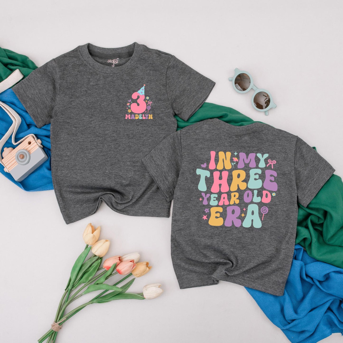 Personalized In My Three Year Old Era T-Shirt Retro Party Hat Madelyn Custom Name Girl 3rd Birthday Outfit Toddler Fun Colorful Gift Idea Soft Cotton