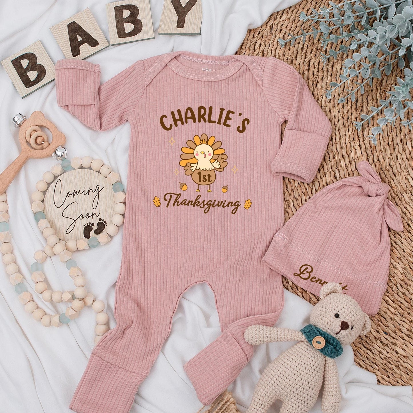 Charlie's 1st Thanksgiving Baby Bodysuit, Cute Turkey Outfit, Fall Newborn Clothes with Acorns & Maple Leaves, Festive Baby Shower Gift (138 chars)