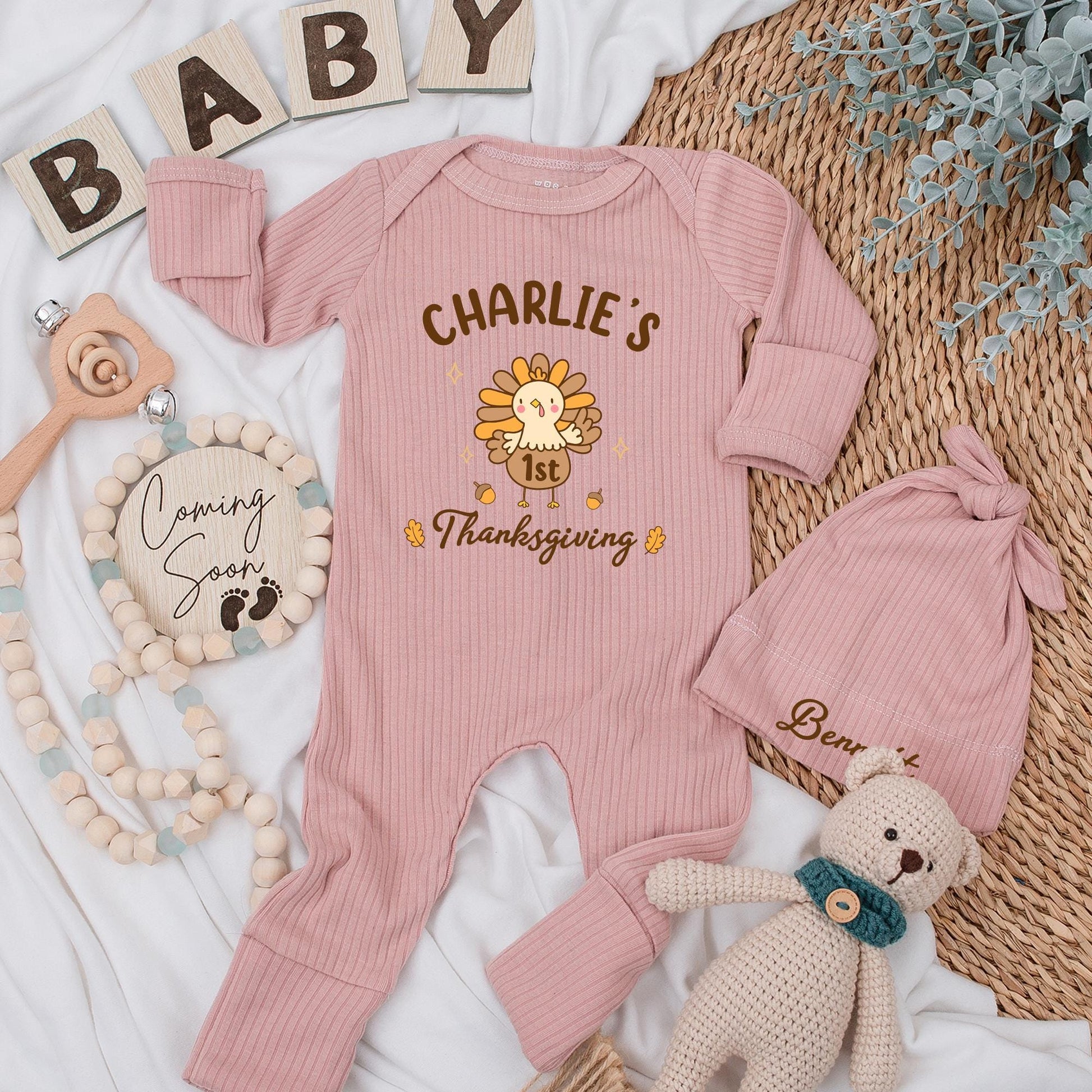 Charlie's 1st Thanksgiving Baby Bodysuit, Cute Turkey Outfit, Fall Newborn Clothes with Acorns & Maple Leaves, Festive Baby Shower Gift (138 chars)