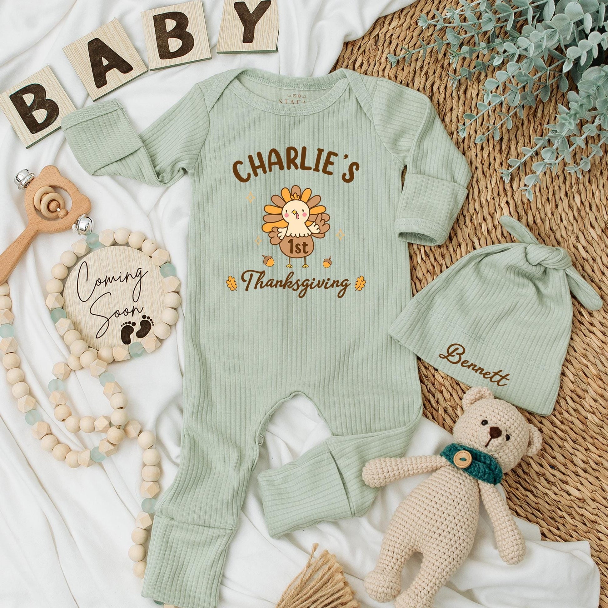 Charlie's 1st Thanksgiving Baby Bodysuit, Cute Turkey Outfit, Fall Newborn Clothes with Acorns & Maple Leaves, Festive Baby Shower Gift (138 chars)