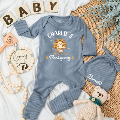 Charlie's 1st Thanksgiving Baby Bodysuit, Cute Turkey Outfit, Fall Newborn Clothes with Acorns & Maple Leaves, Festive Baby Shower Gift (138 chars)