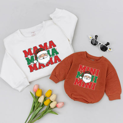 Cute Santa Mama & Mini Matching Christmas Sweatshirts with Vertical Mama Mini Text and Plaid Hat, Festive Holiday Family Sweaters