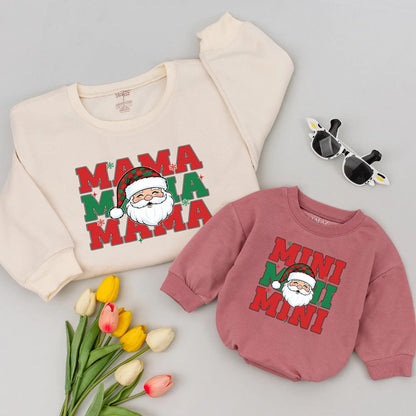 Cute Santa Mama & Mini Matching Christmas Sweatshirts with Vertical Mama Mini Text and Plaid Hat, Festive Holiday Family Sweaters