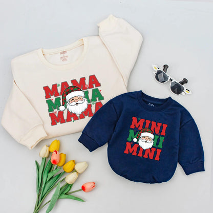 Cute Santa Mama & Mini Matching Christmas Sweatshirts with Vertical Mama Mini Text and Plaid Hat, Festive Holiday Family Sweaters