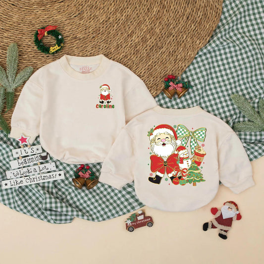 Personalized Baby Christmas Romper with Santa & Snowman Holiday Outfit, Cute Cartoon Name 'Caroline' My First Xmas Red Green Gold Toddler Gift