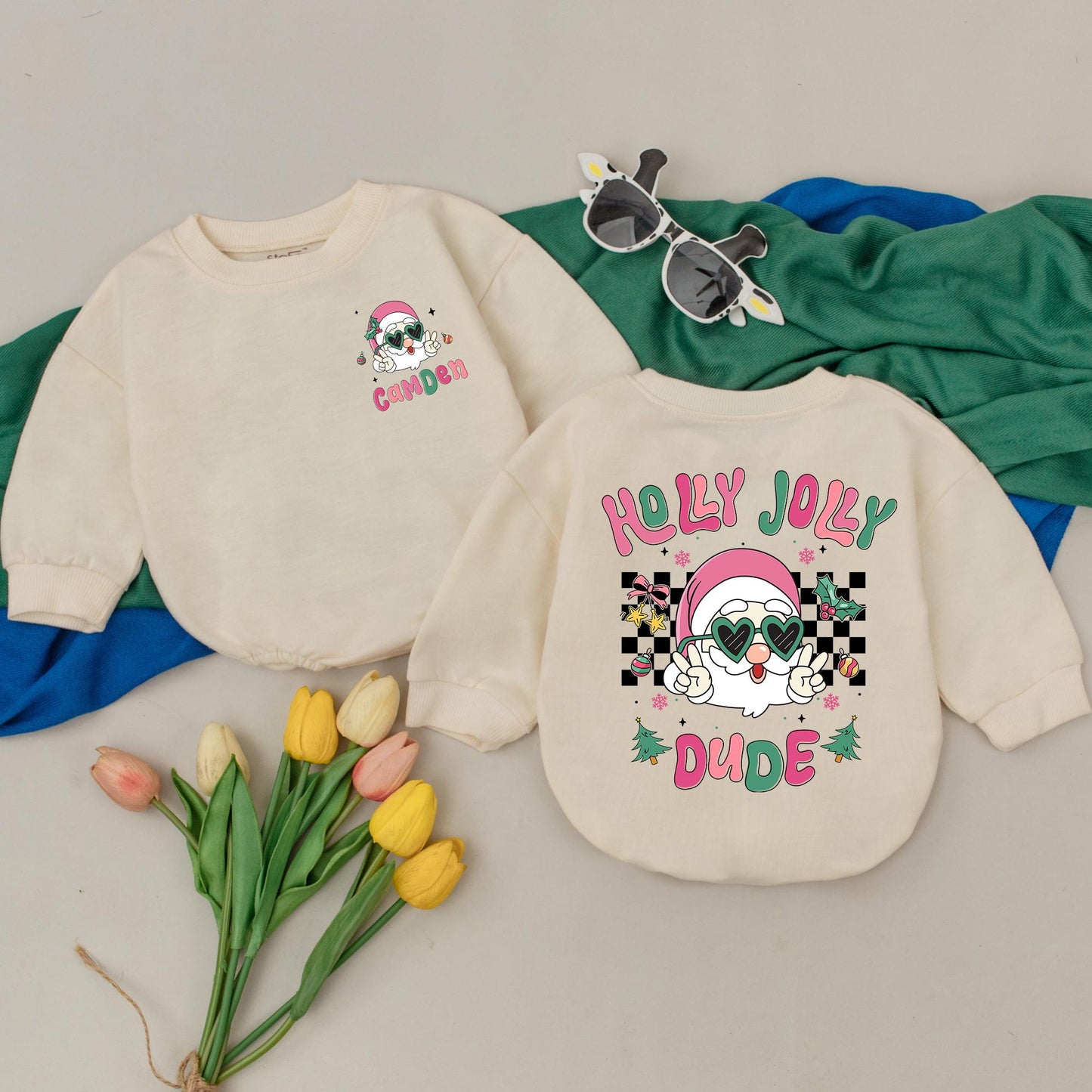 Holly Jolly Dude Personalized Baby Romper, Groovy Santa 1st Christmas Outfit, Pink & Green Winter Bodysuit, Custom Xmas Gift, Retro Peace Sign