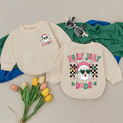 Holly Jolly Dude Personalized Baby Romper, Groovy Santa 1st Christmas Outfit, Pink & Green Winter Bodysuit, Custom Xmas Gift, Retro Peace Sign