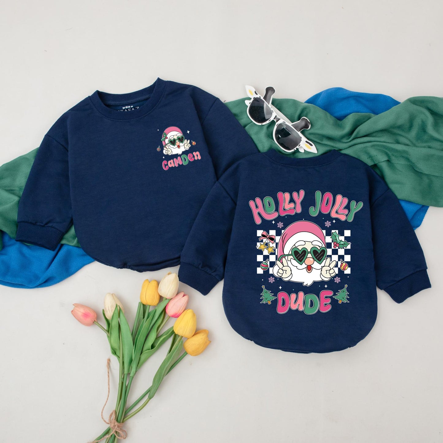 Holly Jolly Dude Personalized Baby Romper, Groovy Santa 1st Christmas Outfit, Pink & Green Winter Bodysuit, Custom Xmas Gift, Retro Peace Sign