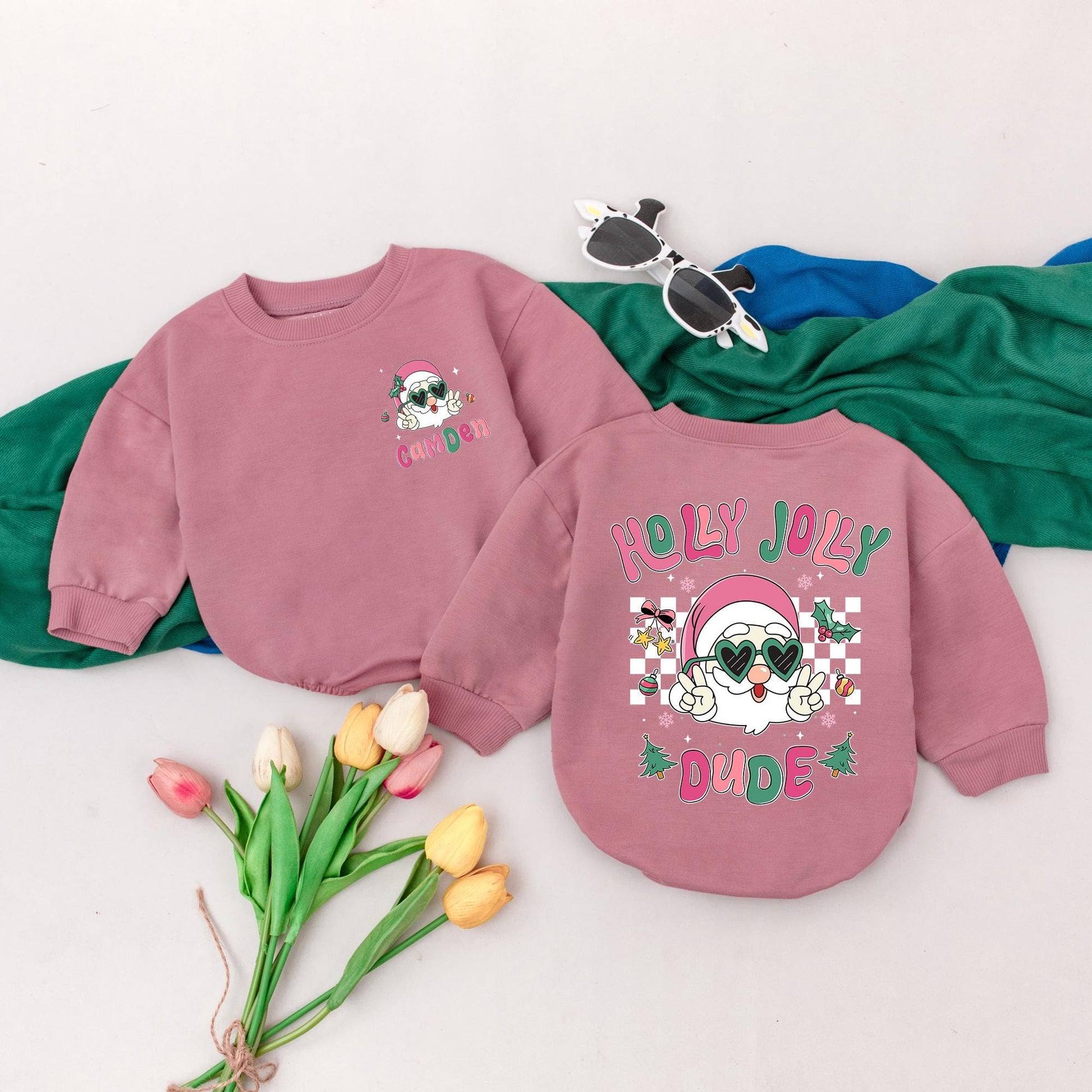 Holly Jolly Dude Personalized Baby Romper, Groovy Santa 1st Christmas Outfit, Pink & Green Winter Bodysuit, Custom Xmas Gift, Retro Peace Sign