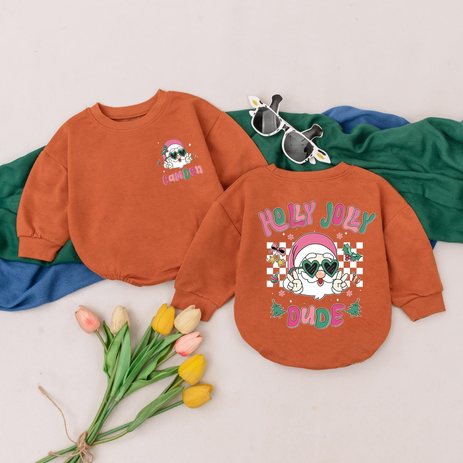 Holly Jolly Dude Personalized Baby Romper, Groovy Santa 1st Christmas Outfit, Pink & Green Winter Bodysuit, Custom Xmas Gift, Retro Peace Sign