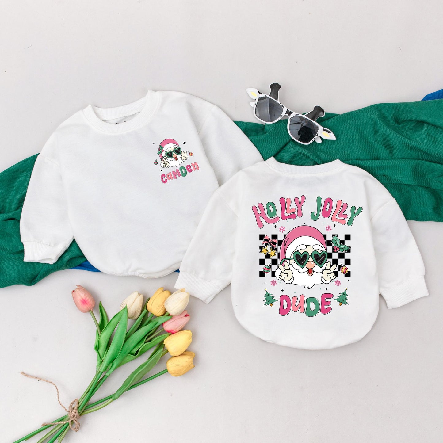Holly Jolly Dude Personalized Baby Romper, Groovy Santa 1st Christmas Outfit, Pink & Green Winter Bodysuit, Custom Xmas Gift, Retro Peace Sign