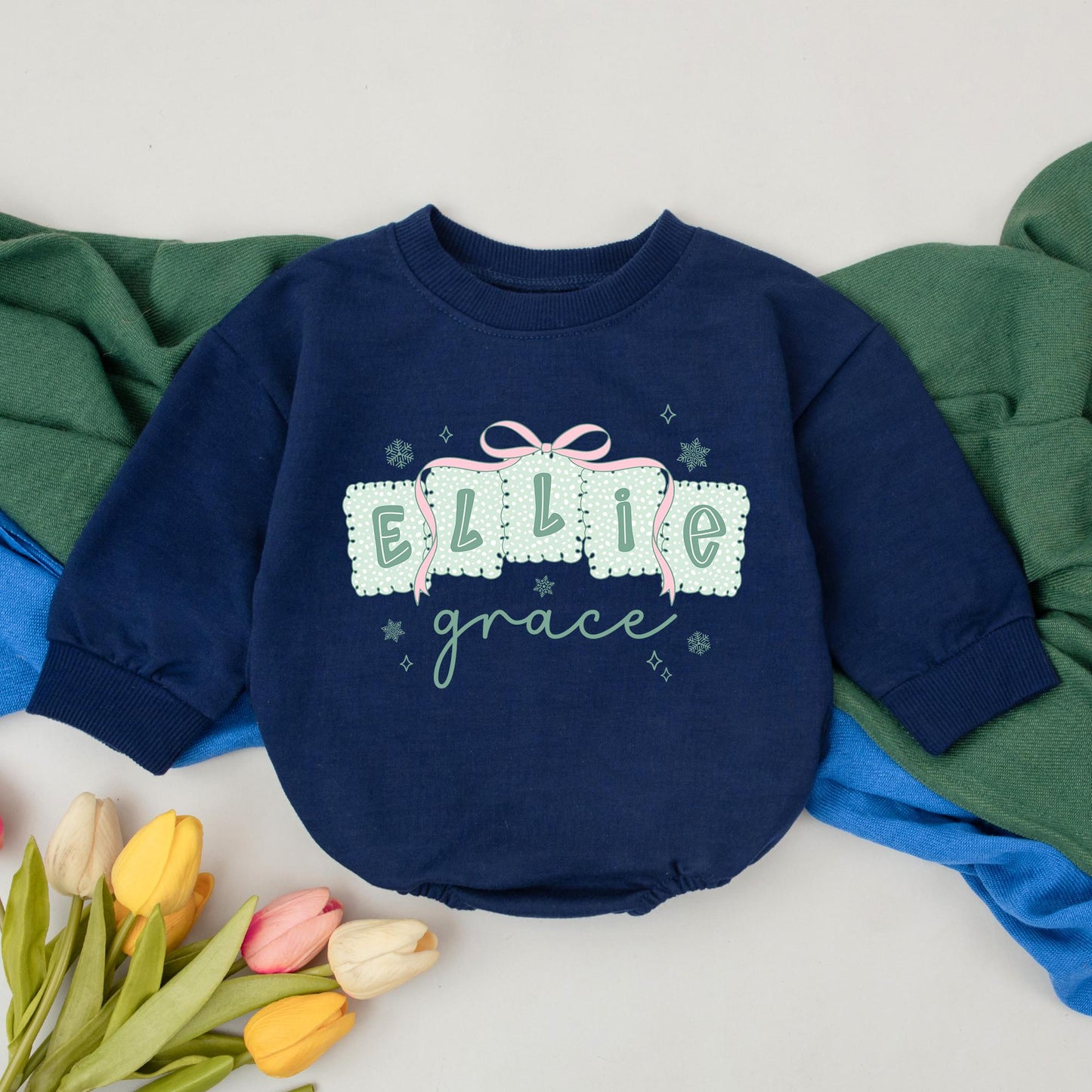 Personalized Girly Christmas Bubble Romper Baby First Christmas Bodysuit Custom Name Toddler Outfit Baby Girl Christmas Gift