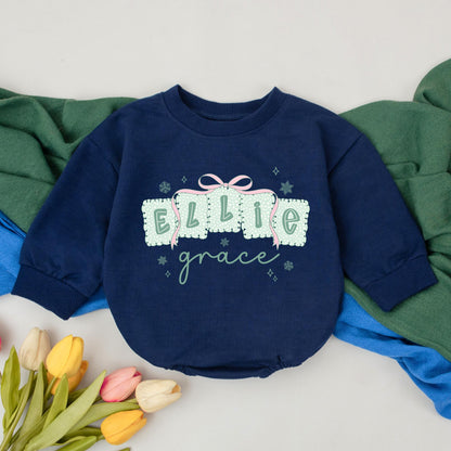 Personalized Girly Christmas Bubble Romper Baby First Christmas Bodysuit Custom Name Toddler Outfit Baby Girl Christmas Gift