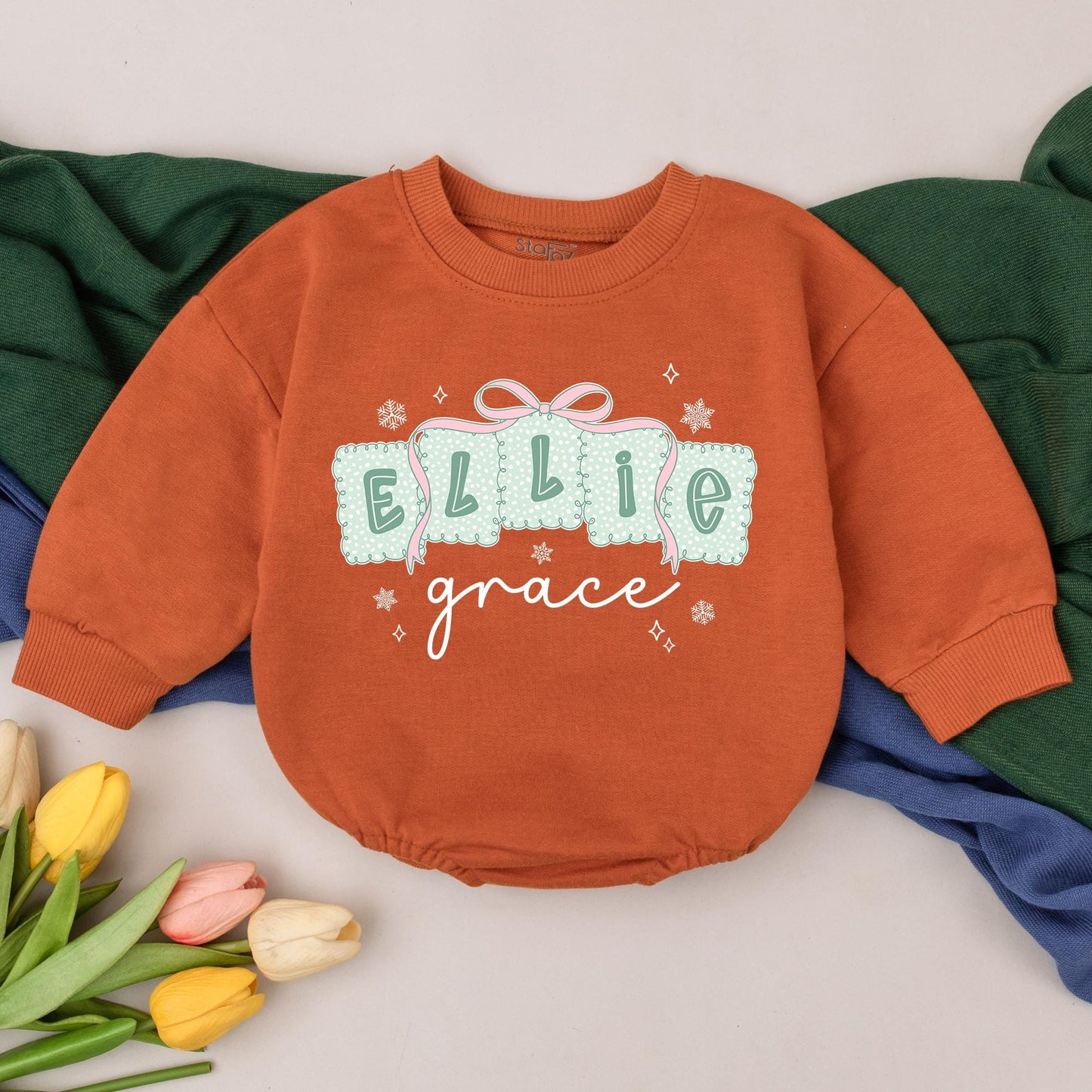 Personalized Girly Christmas Bubble Romper Baby First Christmas Bodysuit Custom Name Toddler Outfit Baby Girl Christmas Gift