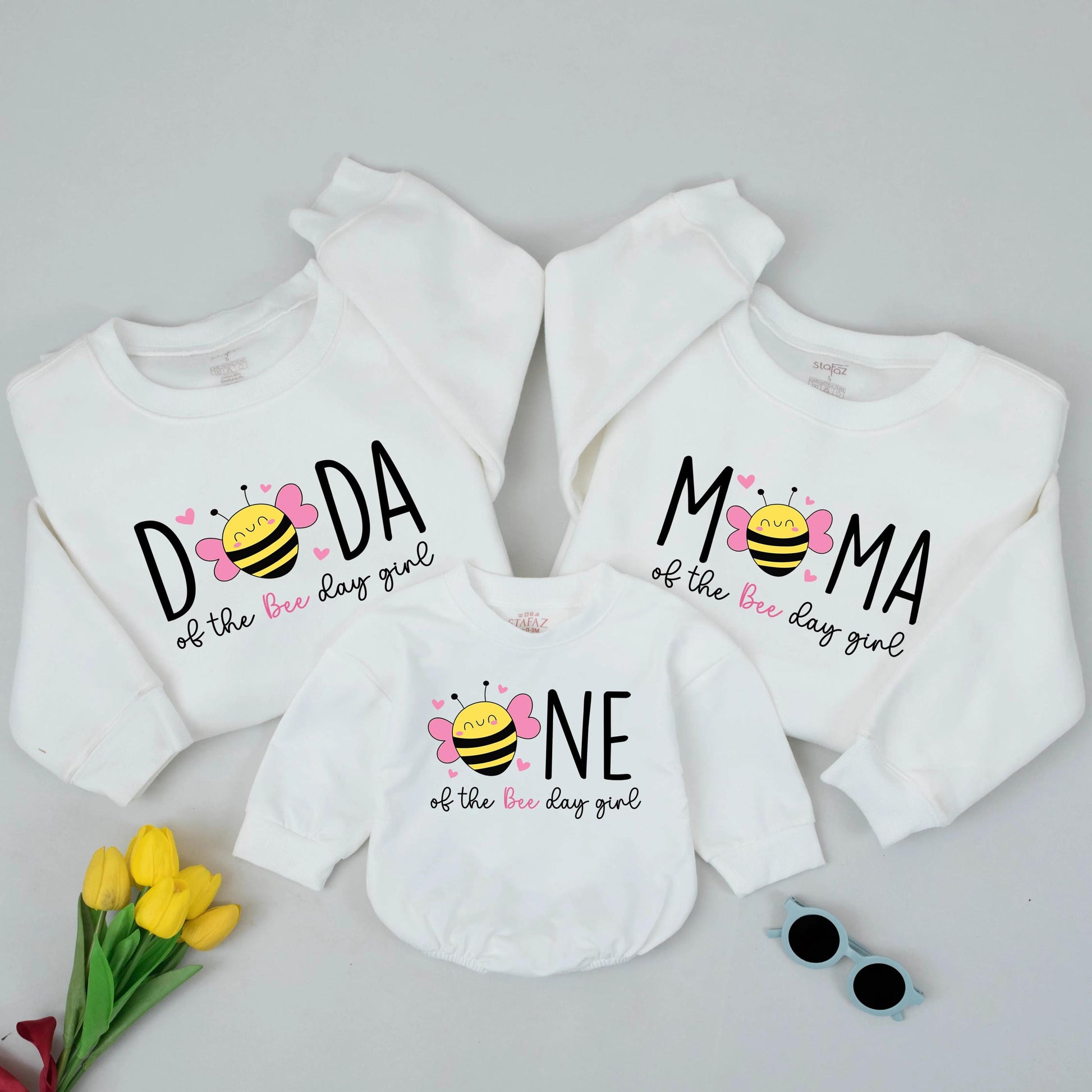 DADA MAMA ONE Bee 1st Birthday Matching Shirts: Sweet Bee Day Girl Outfit for Family, Daughters Party, First Birthday Bee Celebration, Hearts, Pink