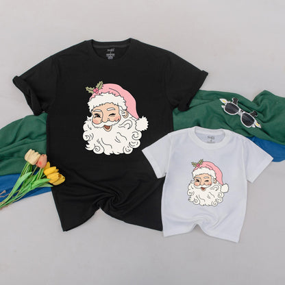 Retro Pink Santa Matching Family T-Shirts Vintage Christmas Cute Winking Santa Holiday Tees for Mom and Me