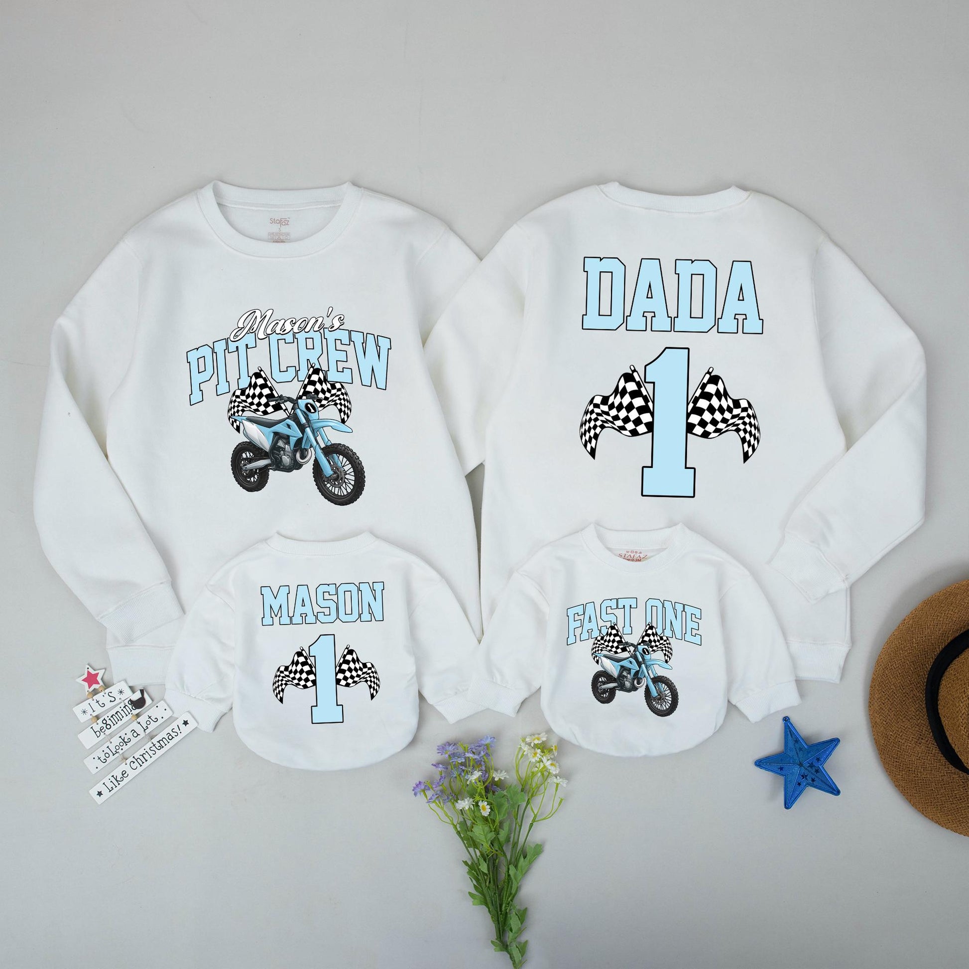 Matching Pit Crew Birthday Outfit for Boy: Personalized Dirt Bike Sweatshirt & Fast One Romper, Family Race Day