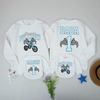 Matching Pit Crew Birthday Outfit for Boy: Personalized Dirt Bike Sweatshirt & Fast One Romper, Family Race Day
