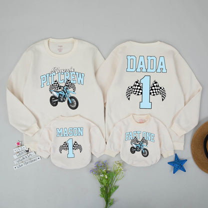 Matching Pit Crew Birthday Outfit for Boy: Personalized Dirt Bike Sweatshirt & Fast One Romper, Family Race Day