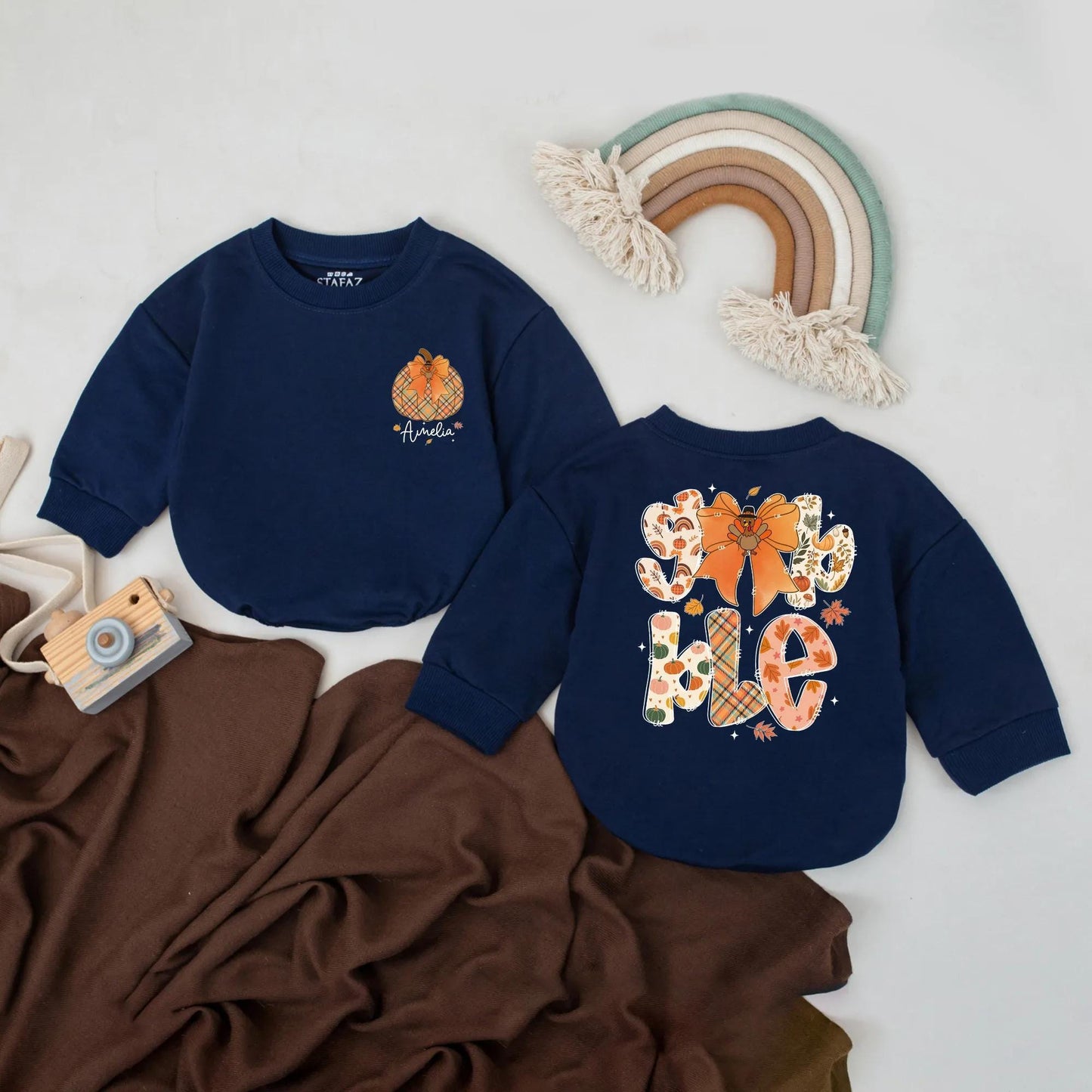 Custom Gobble Turkey Romper for Girl's First Thanksgiving Outfit with Personalized Name Baby Shower Gift Gobble Gobble