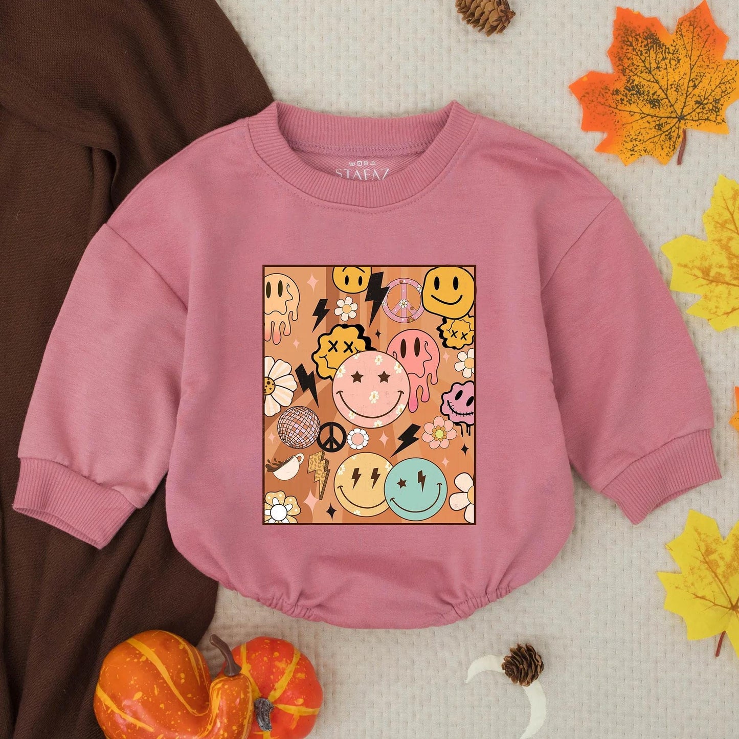 Groovy Retro Smile Face Bubble Romper Happy Baby Boy Toddler Outfit Vintage 70s Design with Melting Lightning Peace Sign Birthday Shower Gift