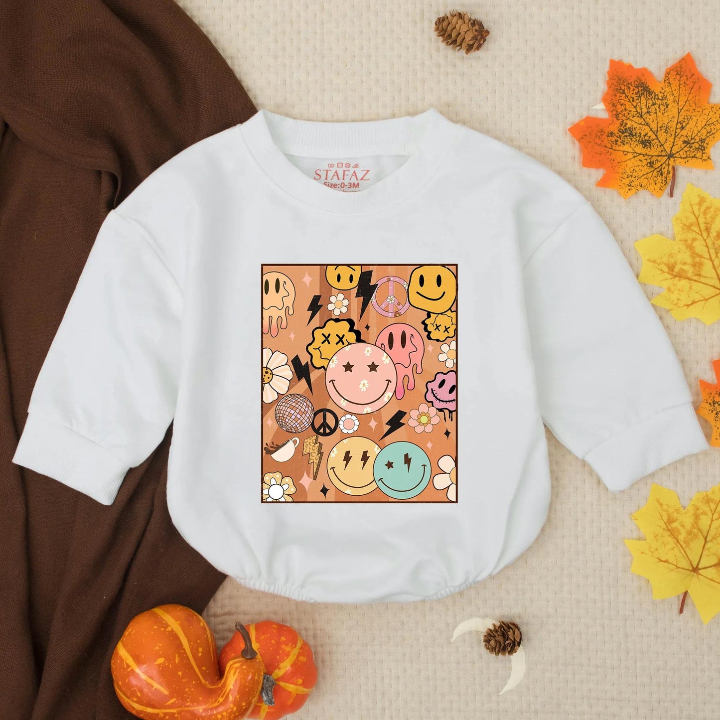 Groovy Retro Smile Face Bubble Romper Happy Baby Boy Toddler Outfit Vintage 70s Design with Melting Lightning Peace Sign Birthday Shower Gift