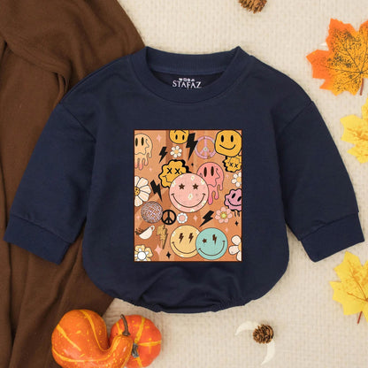 Groovy Retro Smile Face Bubble Romper Happy Baby Boy Toddler Outfit Vintage 70s Design with Melting Lightning Peace Sign Birthday Shower Gift