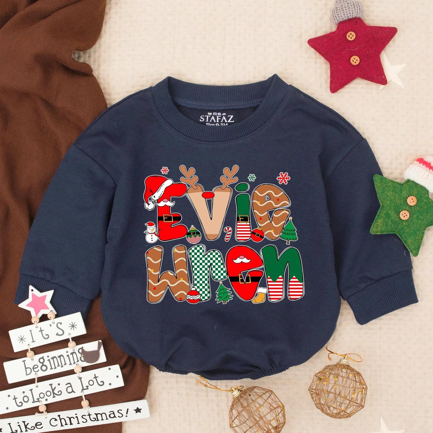 Personalized Christmas Romper Evie When Name Outfit, Custom Holiday Baby Girl Clothes, Festive Xmas Toddler Gift, Preppy Monogrammed Infant Romper Set