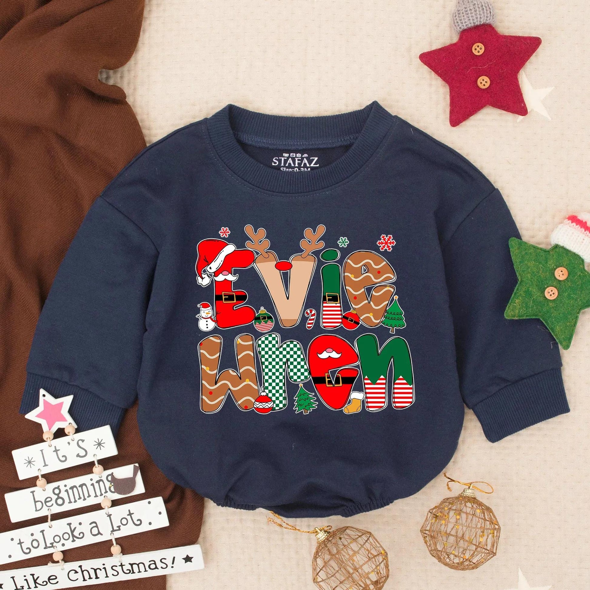 Personalized Christmas Romper Evie When Name Outfit, Custom Holiday Baby Girl Clothes, Festive Xmas Toddler Gift, Preppy Monogrammed Infant Romper Set