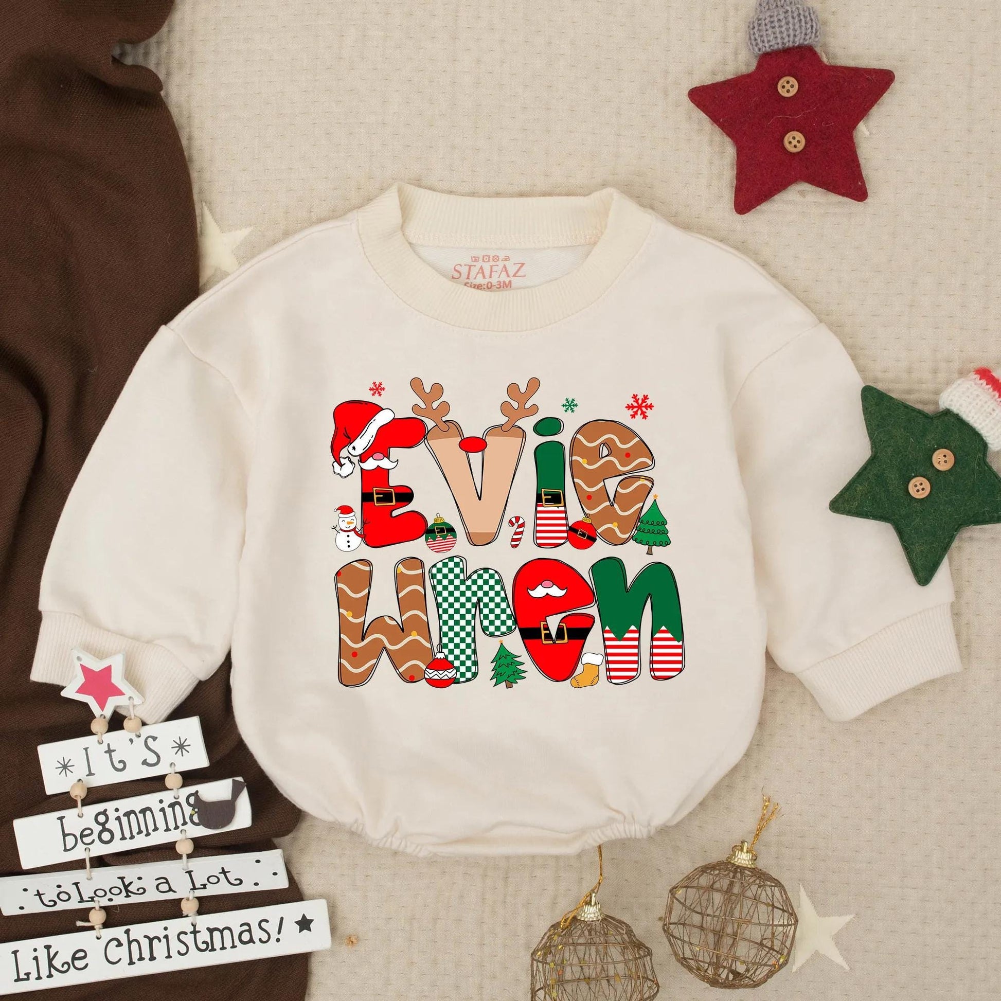 Personalized Christmas Romper Evie When Name Outfit, Custom Holiday Baby Girl Clothes, Festive Xmas Toddler Gift, Preppy Monogrammed Infant Romper Set